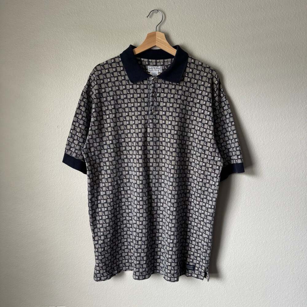 Vintage 90s Arizona Jean Co Geometric All Over Print Polo Shirt Gray Navy Men’s